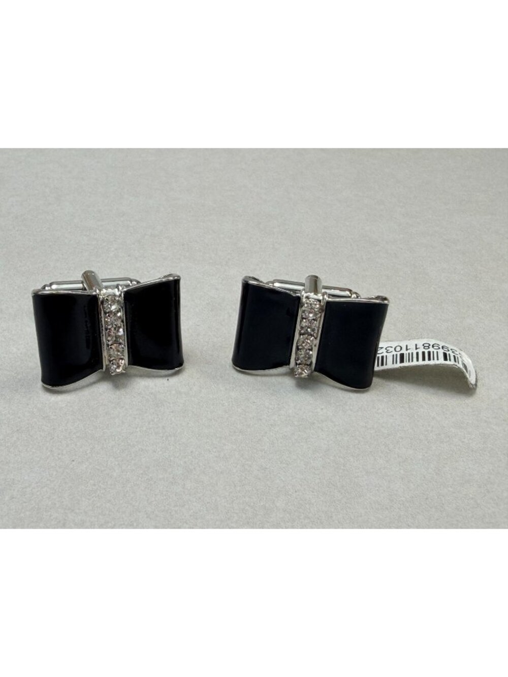 Elegant Black Bow Rhinestone Cufflinks Silver Tone Formal Modern